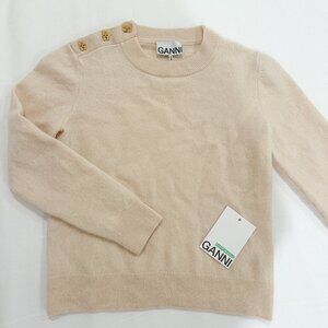 Ganni Alabaster Gleam Cream Sweater with gold logo